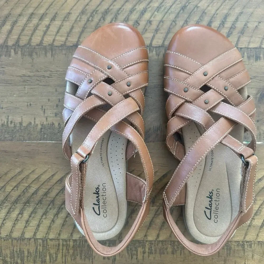 Clarks Elizabelle Fisherman Sea Woven Strappy Slingback Sandals Tan Leather 8.5